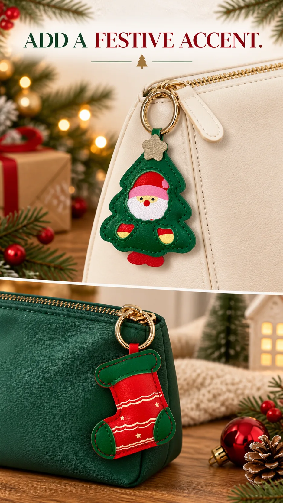 Leather Christmas Tree and Stocking Keychains for Bags and Keys product detail 5