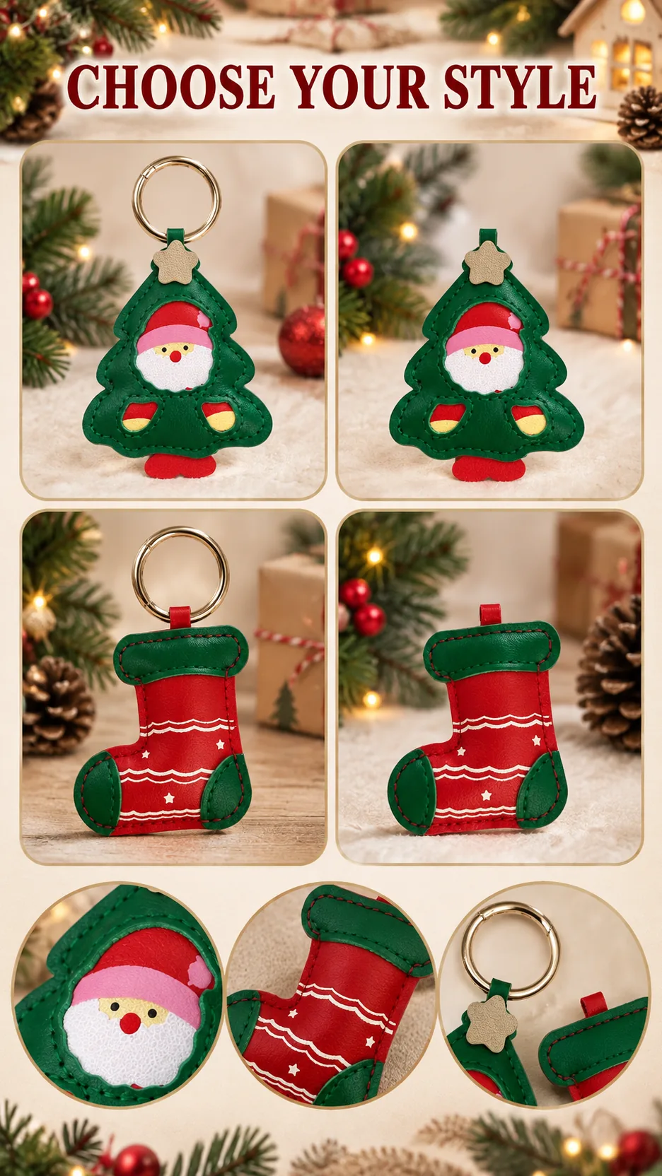 Leather Christmas Tree and Stocking Keychains for Bags and Keys product detail 8