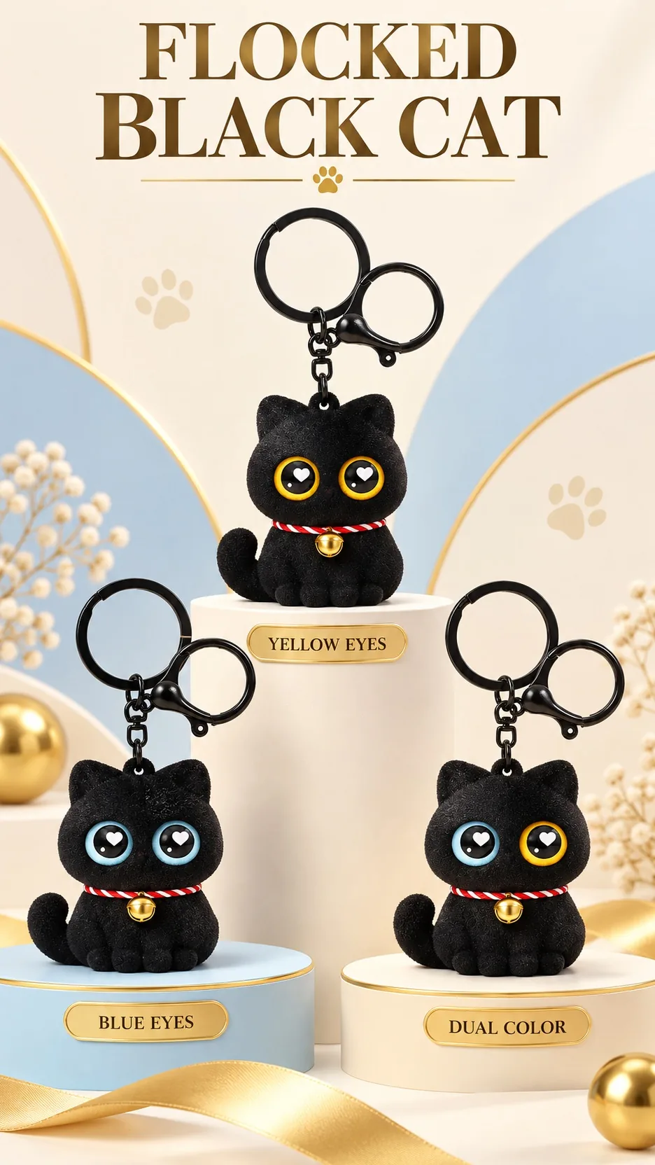 Cute Flocked Black Cat Keychain with Heart Eyes and Bell - Soft Rubber Cartoon Animal Bag Charm product detail 1