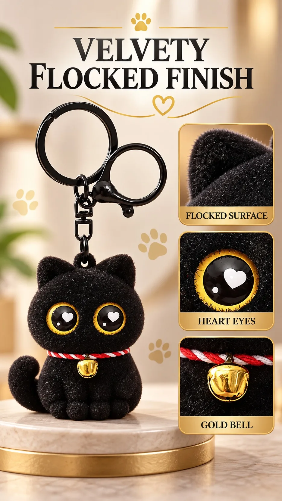 Cute Flocked Black Cat Keychain with Heart Eyes and Bell - Soft Rubber Cartoon Animal Bag Charm product detail 2