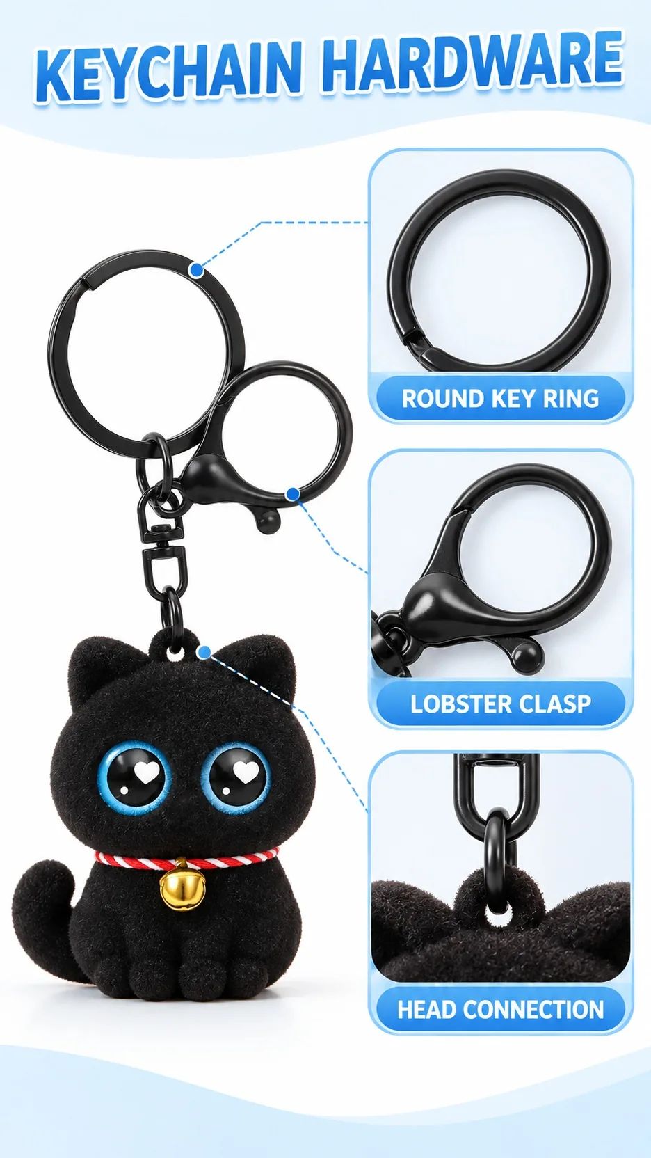 Cute Flocked Black Cat Keychain with Heart Eyes and Bell - Soft Rubber Cartoon Animal Bag Charm product detail 3