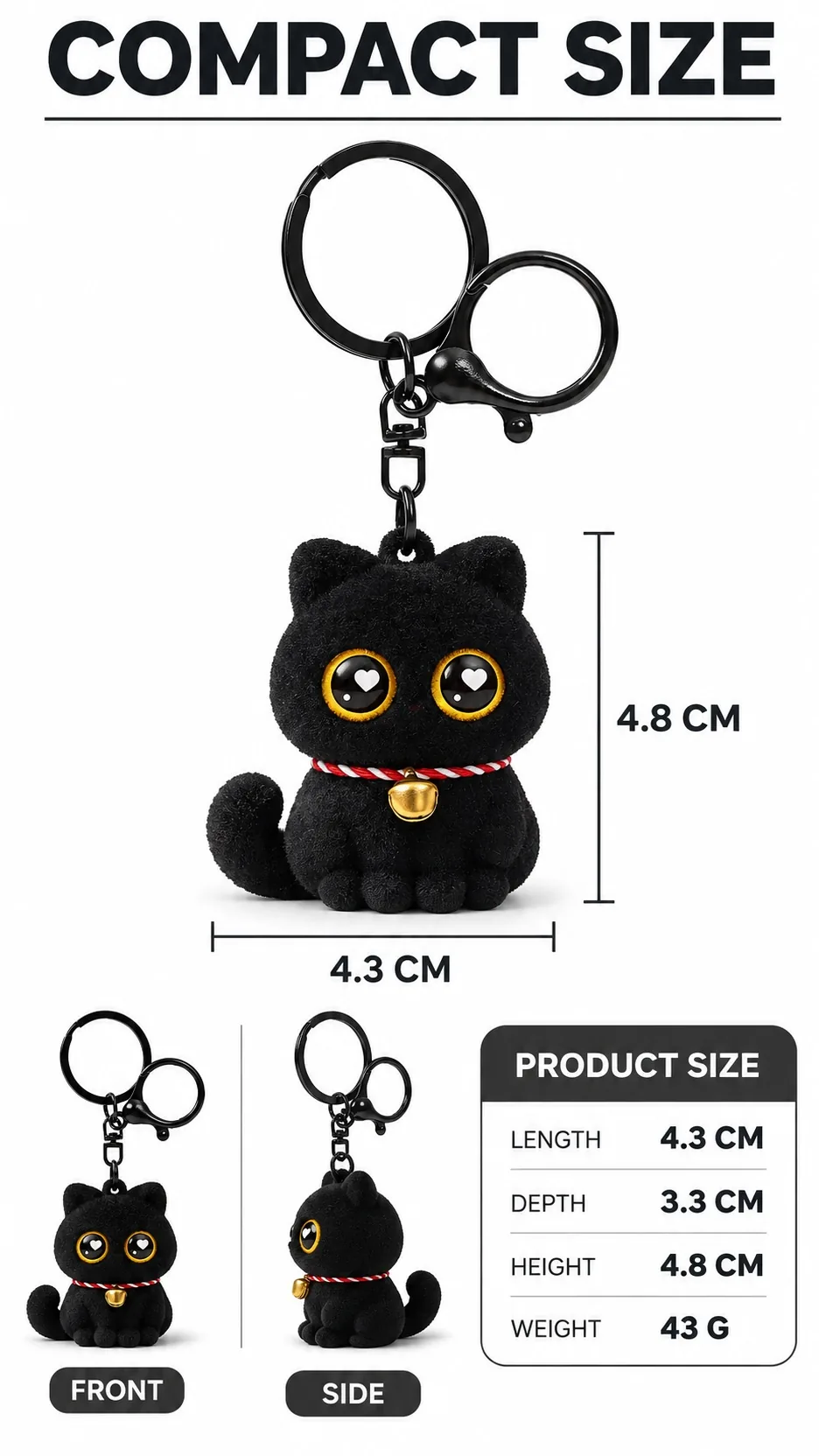 Cute Flocked Black Cat Keychain with Heart Eyes and Bell - Soft Rubber Cartoon Animal Bag Charm product detail 4