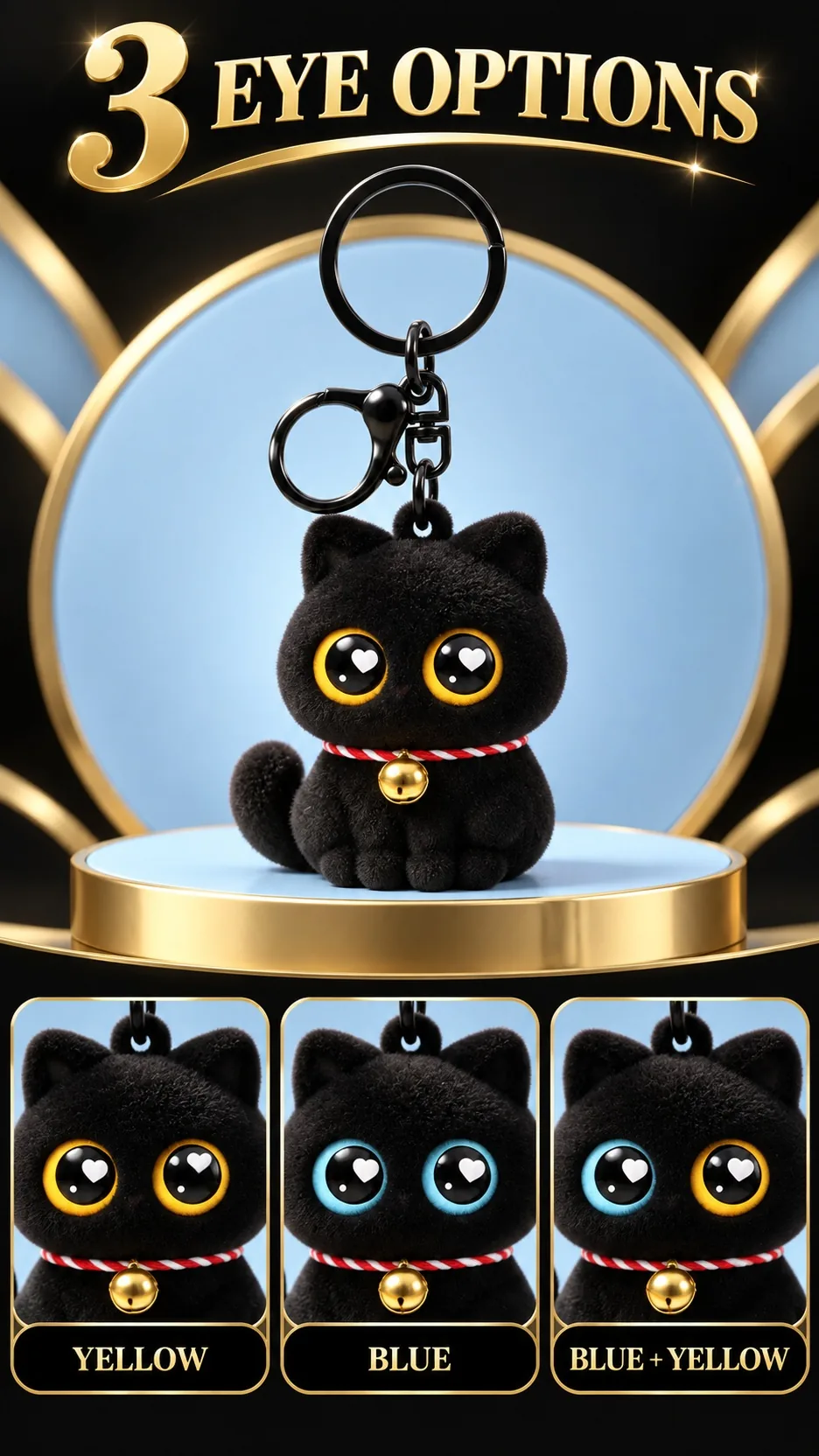 Cute Flocked Black Cat Keychain with Heart Eyes and Bell - Soft Rubber Cartoon Animal Bag Charm product detail 5
