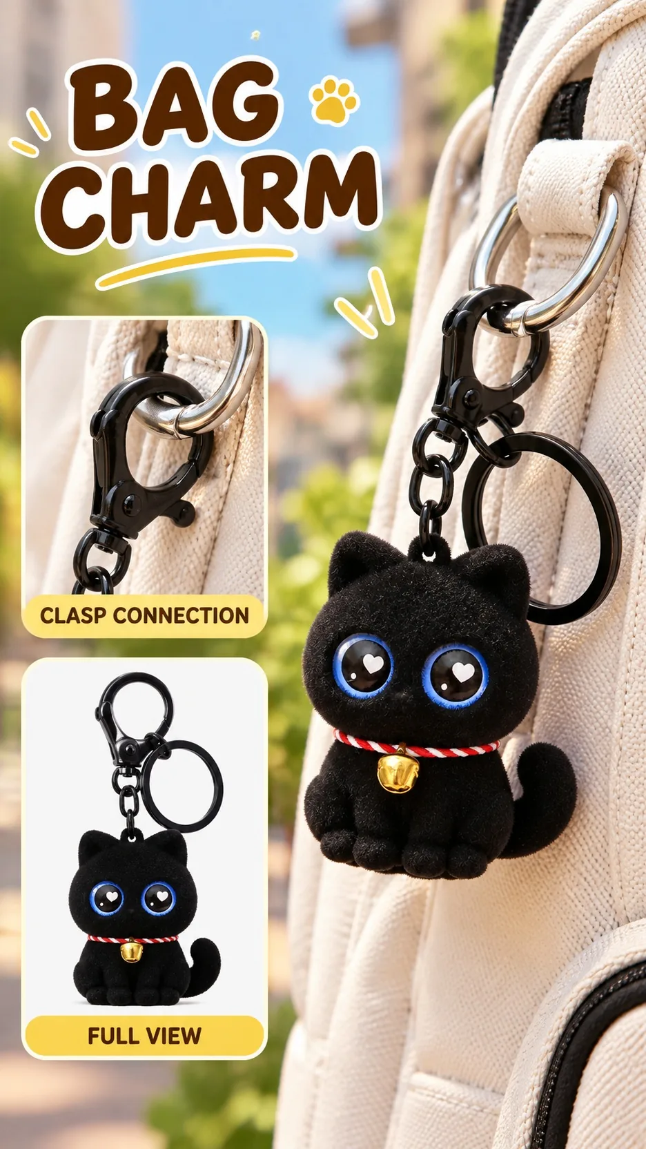 Cute Flocked Black Cat Keychain with Heart Eyes and Bell - Soft Rubber Cartoon Animal Bag Charm product detail 6