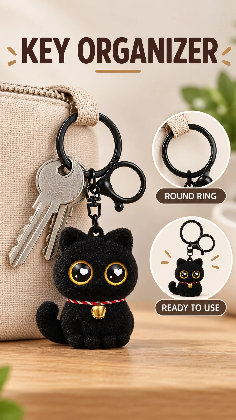 Cute Flocked Black Cat Keychain with Heart Eyes and Bell - Soft Rubber Cartoon Animal Bag Charm product detail 7