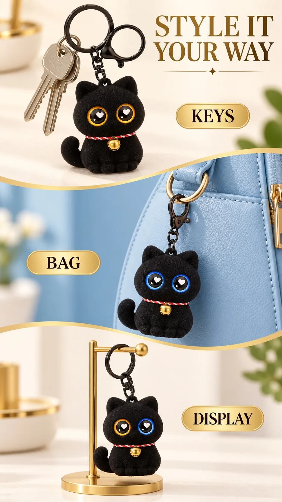 Cute Flocked Black Cat Keychain with Heart Eyes and Bell - Soft Rubber Cartoon Animal Bag Charm product detail 8