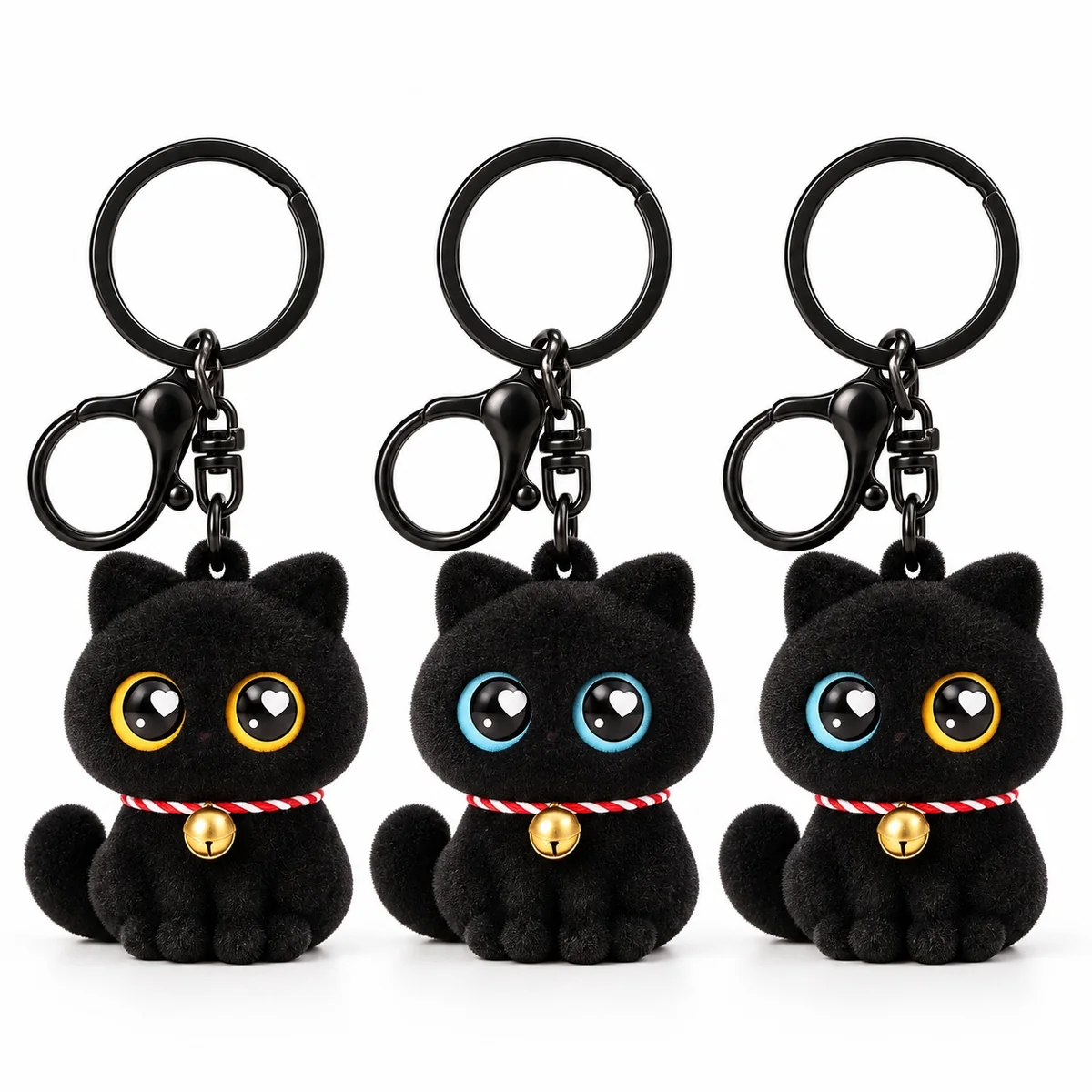 Cute Flocked Black Cat Keychain with Heart Eyes and Bell - Soft Rubber Cartoon Animal Bag Charm