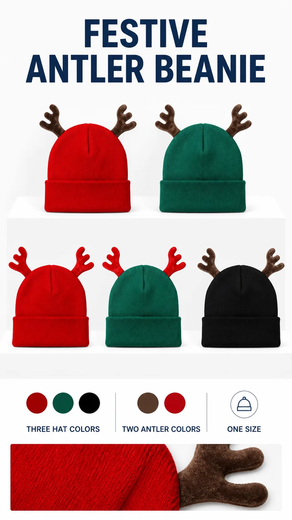Festive Reindeer Antler Knit Beanie Hat Christmas Winter Warm Cuffed Cap product detail 1