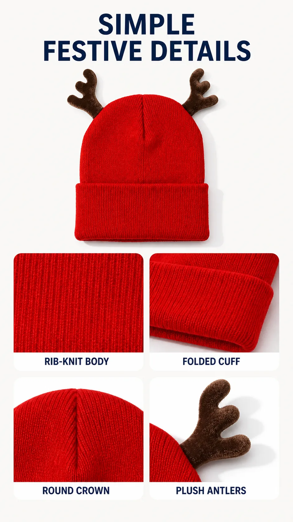Festive Reindeer Antler Knit Beanie Hat Christmas Winter Warm Cuffed Cap product detail 4
