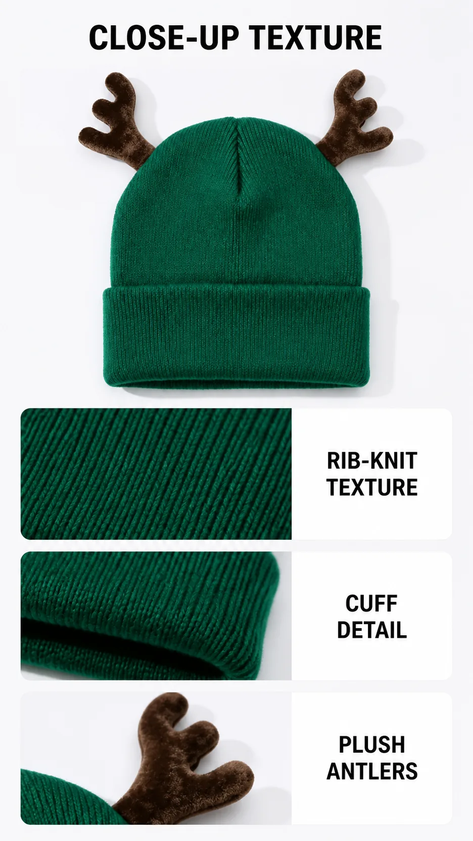 Festive Reindeer Antler Knit Beanie Hat Christmas Winter Warm Cuffed Cap product detail 5