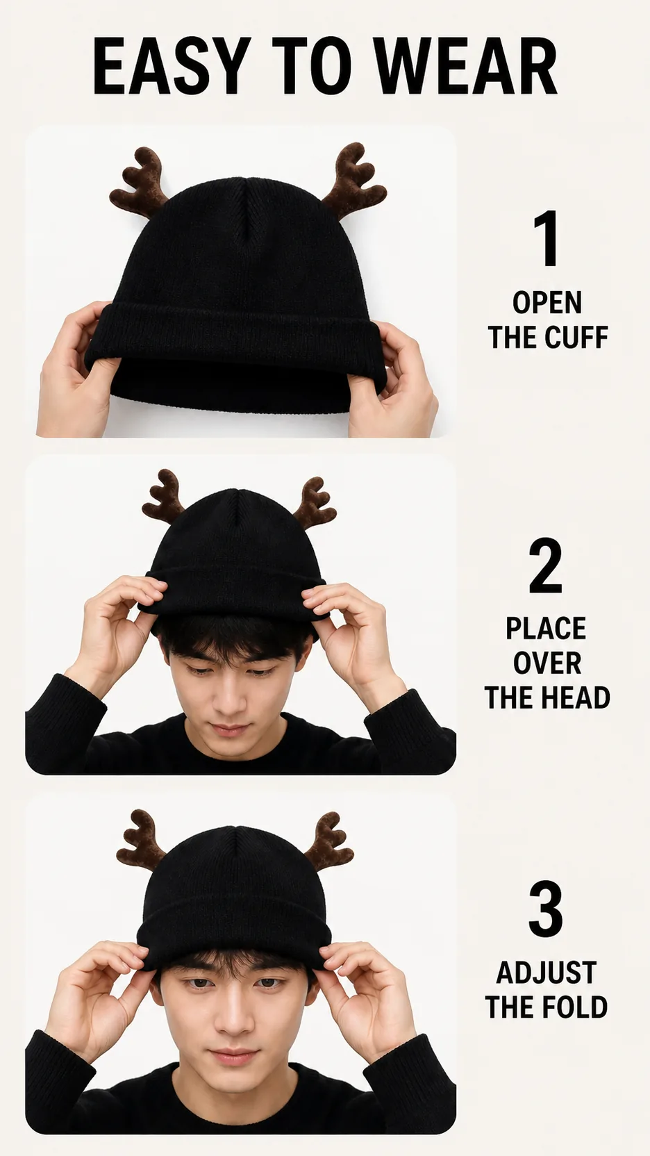 Festive Reindeer Antler Knit Beanie Hat Christmas Winter Warm Cuffed Cap product detail 6