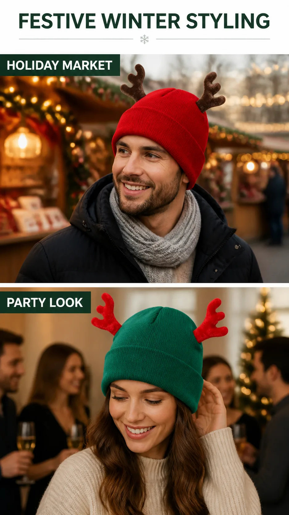 Festive Reindeer Antler Knit Beanie Hat Christmas Winter Warm Cuffed Cap product detail 7