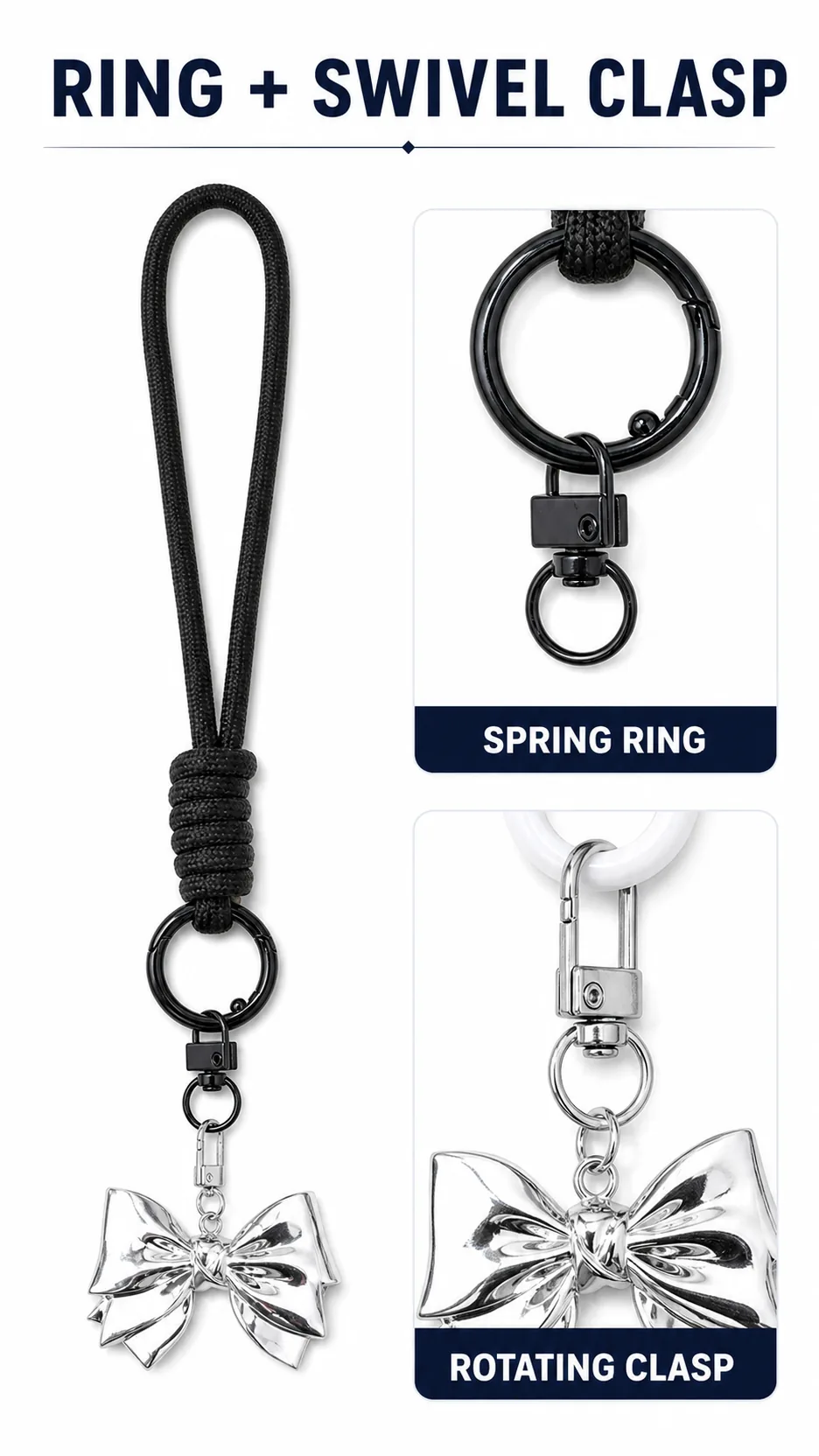 Fashion Metal Bow Wrist Strap Keychain Nylon Rope Phone Lanyard Bag Charm product detail 3