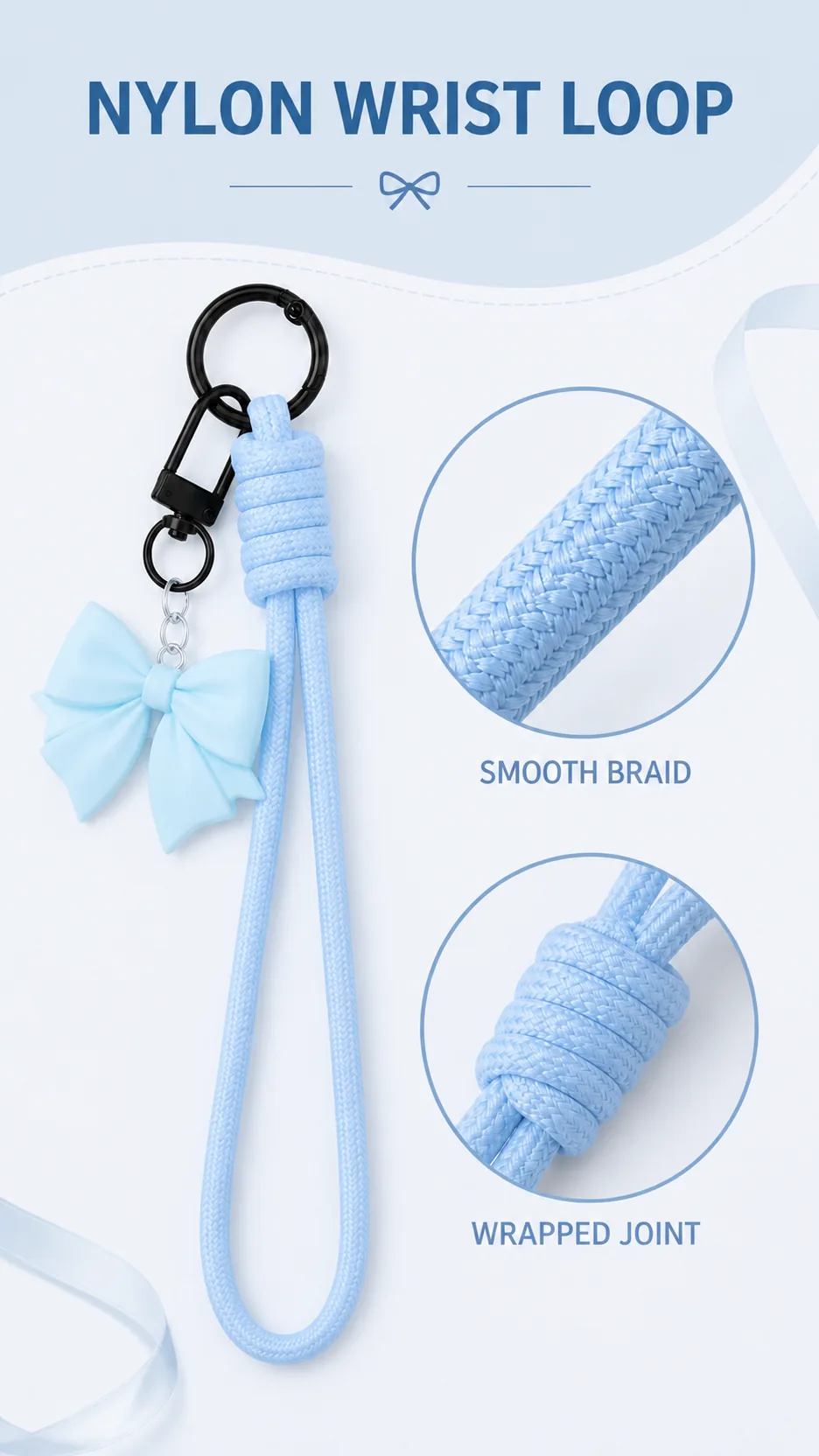 Fashion Metal Bow Wrist Strap Keychain Nylon Rope Phone Lanyard Bag Charm product detail 5