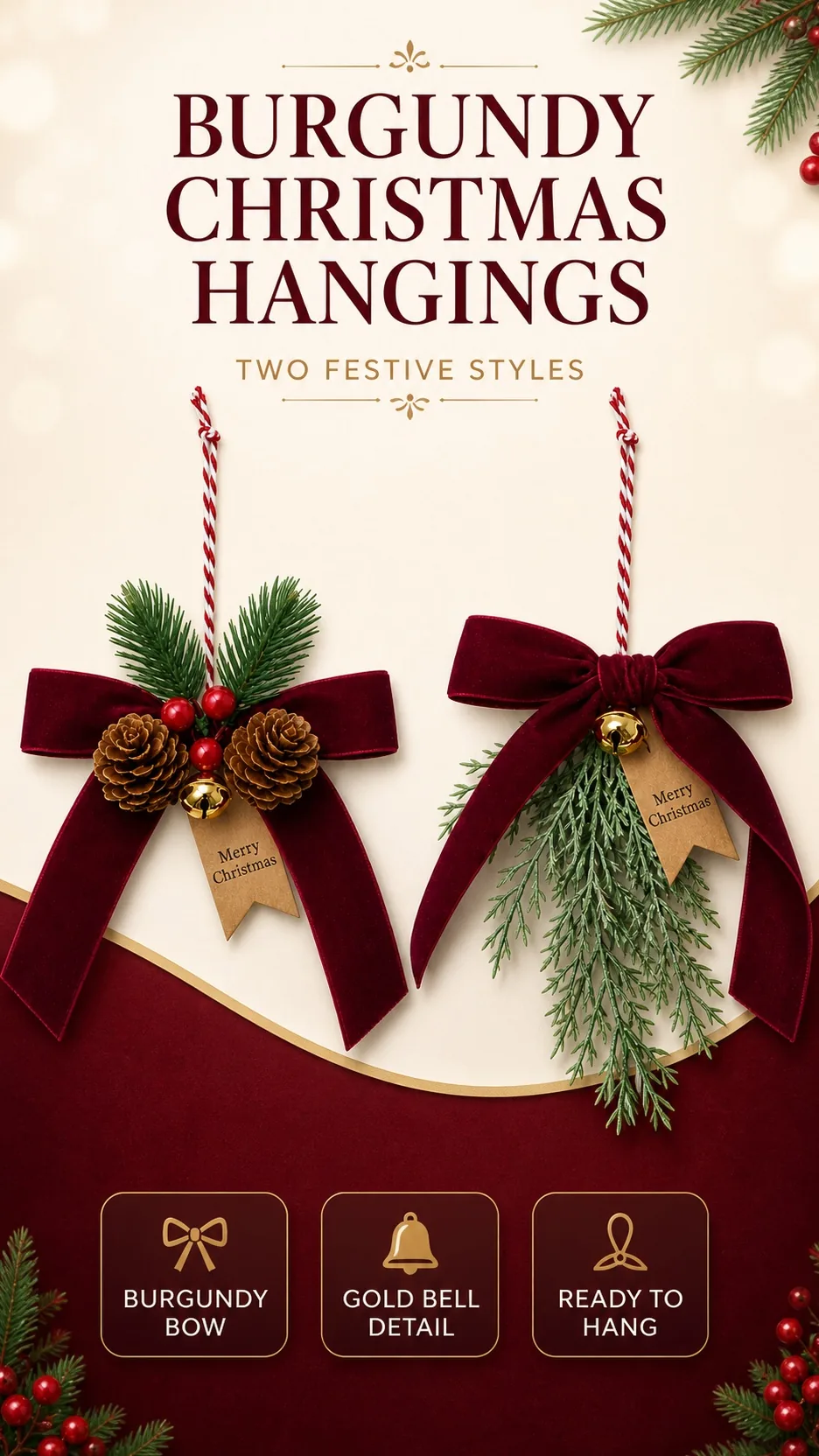 Burgundy Velvet Bow, Pinecone and Bell Ornament product detail 1
