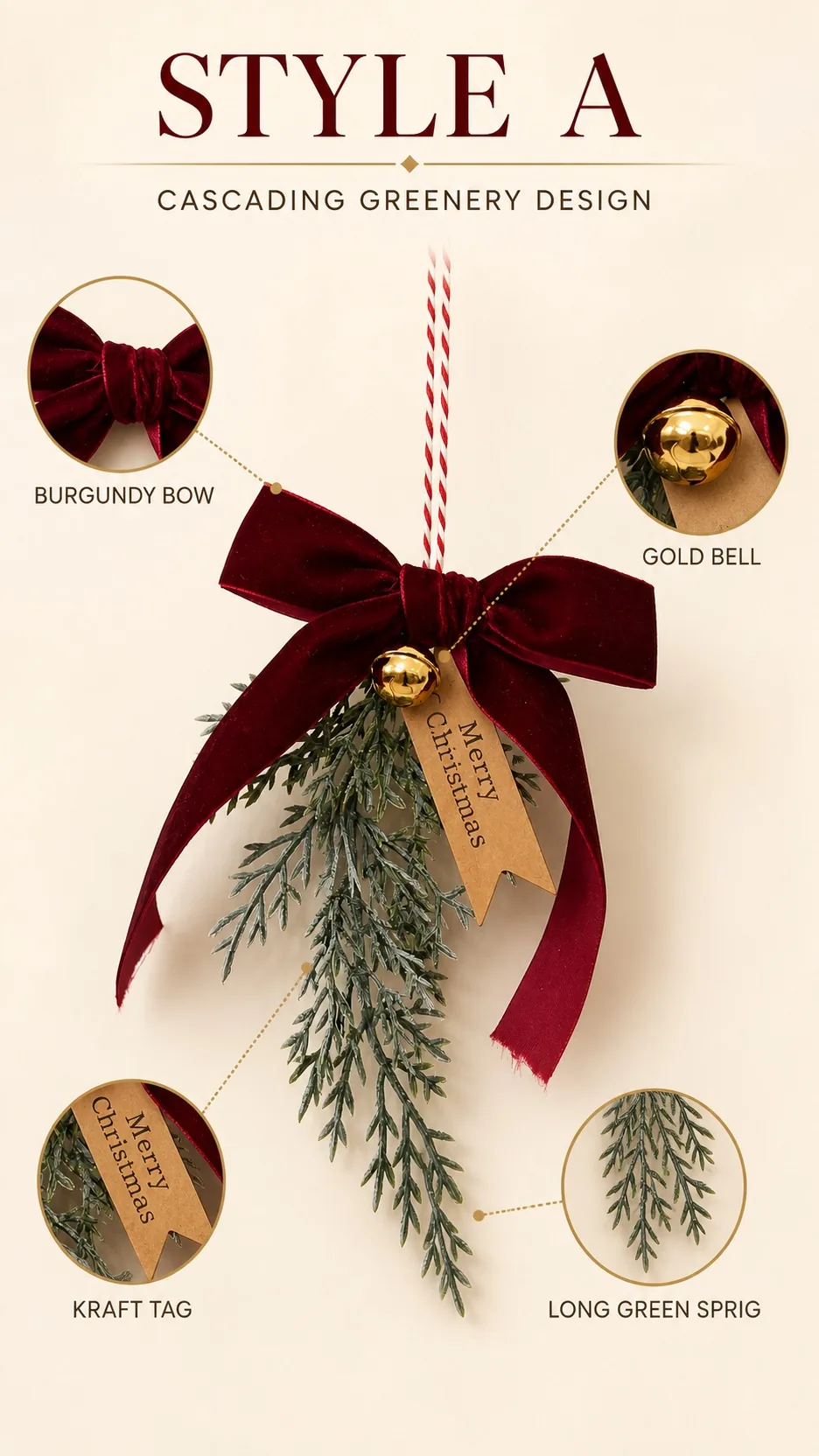 Burgundy Velvet Bow, Pinecone and Bell Ornament product detail 2