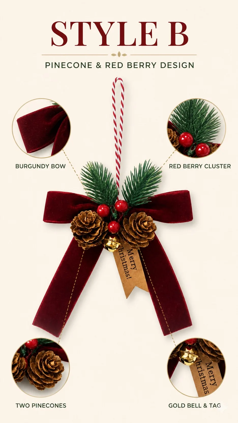 Burgundy Velvet Bow, Pinecone and Bell Ornament product detail 3