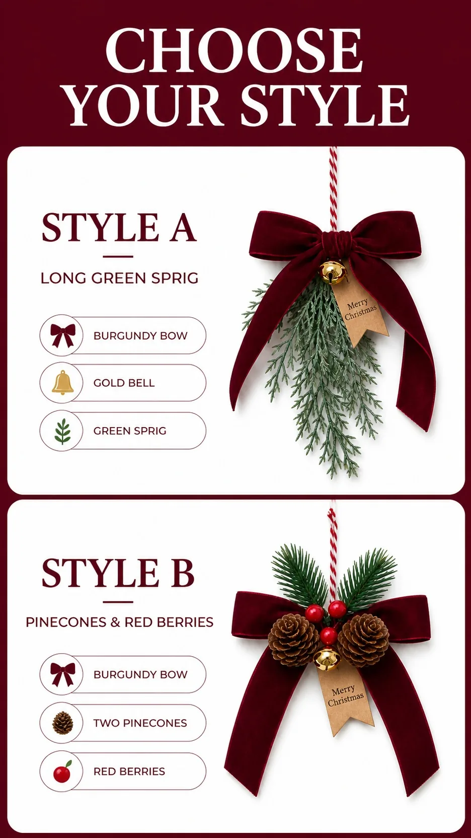 Burgundy Velvet Bow, Pinecone and Bell Ornament product detail 5