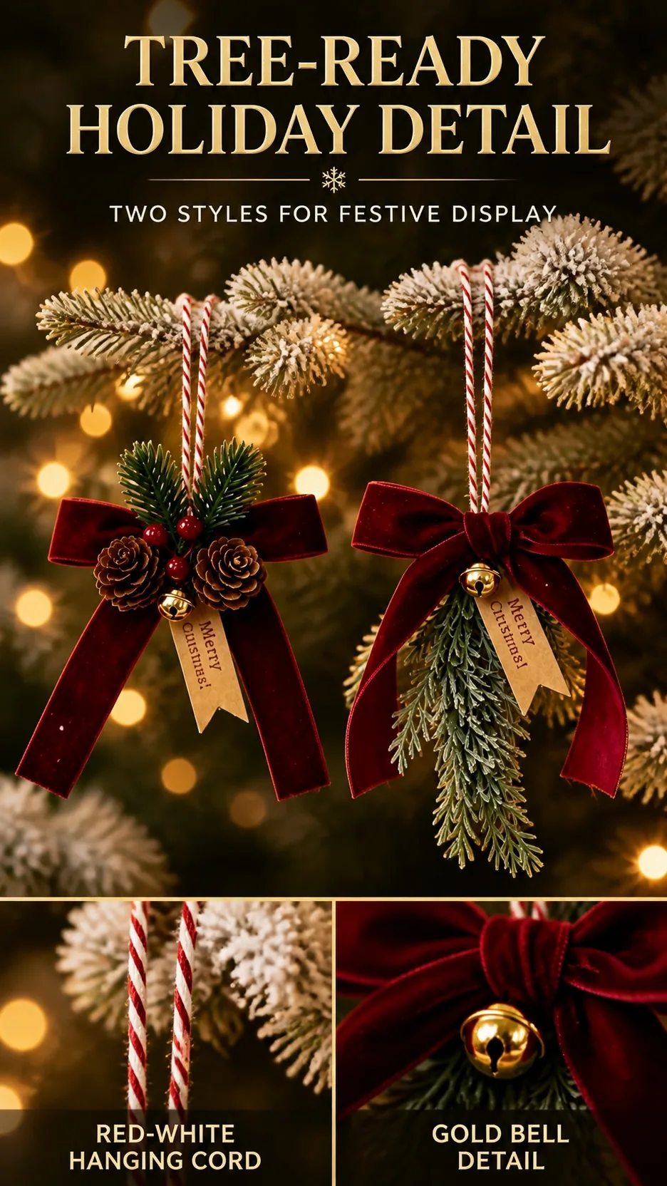 Burgundy Velvet Bow, Pinecone and Bell Ornament product detail 6