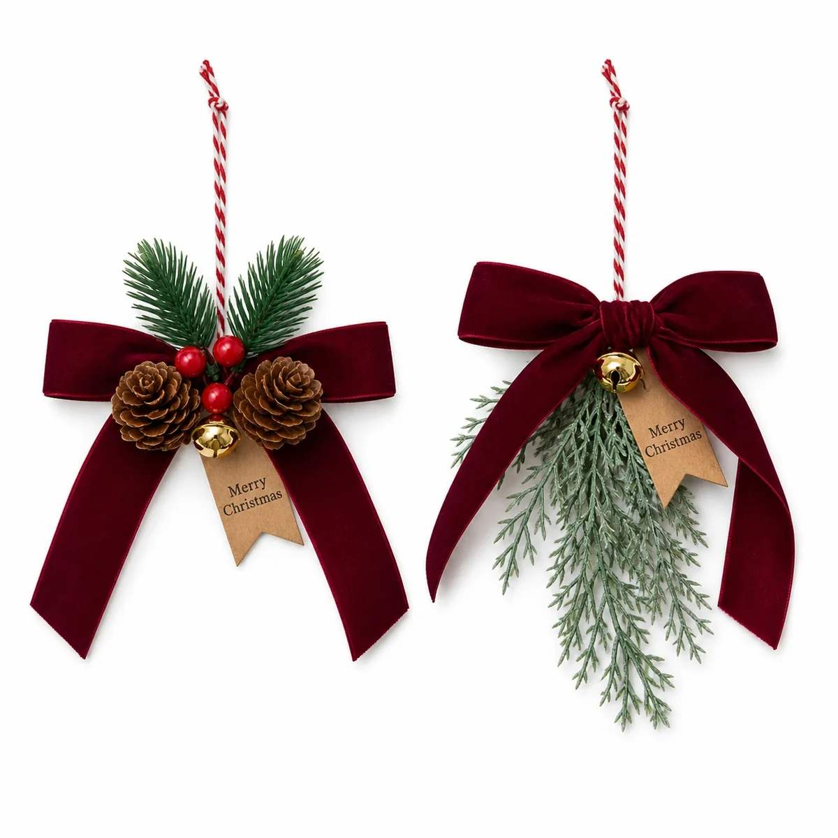 Burgundy Velvet Bow, Pinecone and Bell Ornament