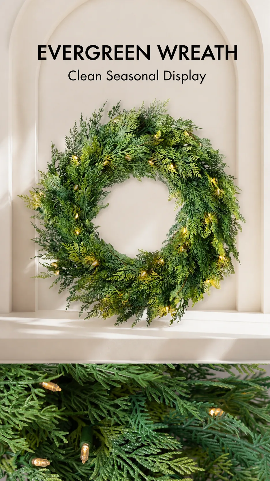 Customizable Artificial Cypress Christmas Wreath with Warm White LED Lights for Door Wall Window Decoration product detail 1