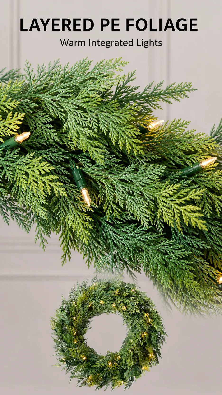 Customizable Artificial Cypress Christmas Wreath with Warm White LED Lights for Door Wall Window Decoration product detail 2