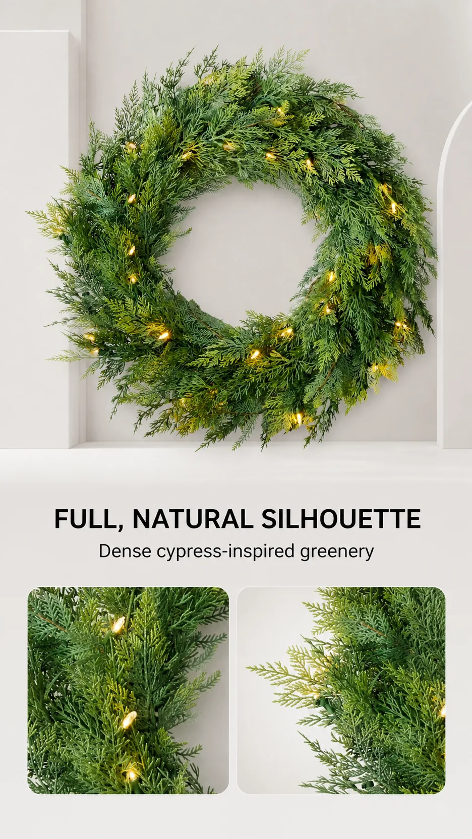 Customizable Artificial Cypress Christmas Wreath with Warm White LED Lights for Door Wall Window Decoration product detail 3