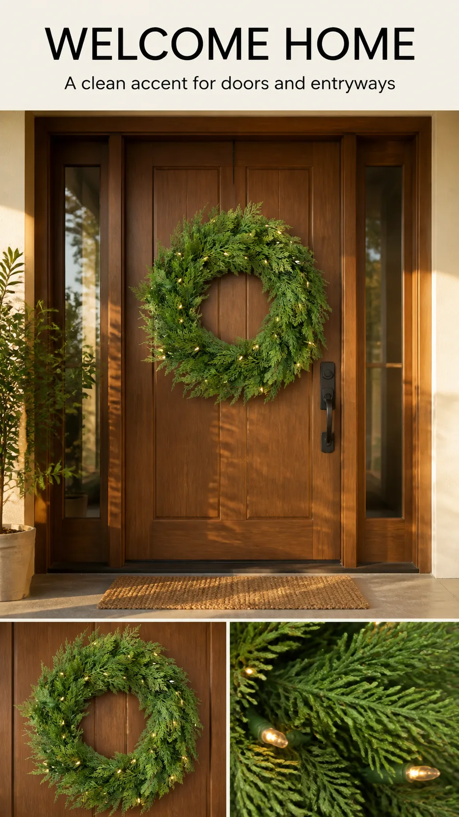 Customizable Artificial Cypress Christmas Wreath with Warm White LED Lights for Door Wall Window Decoration product detail 6