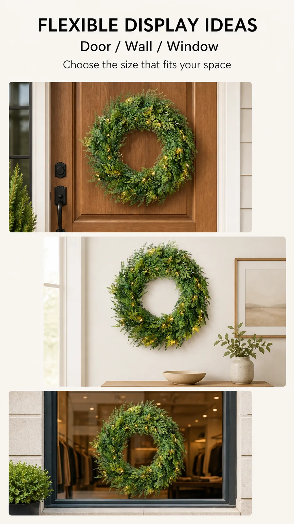 Customizable Artificial Cypress Christmas Wreath with Warm White LED Lights for Door Wall Window Decoration product detail 8