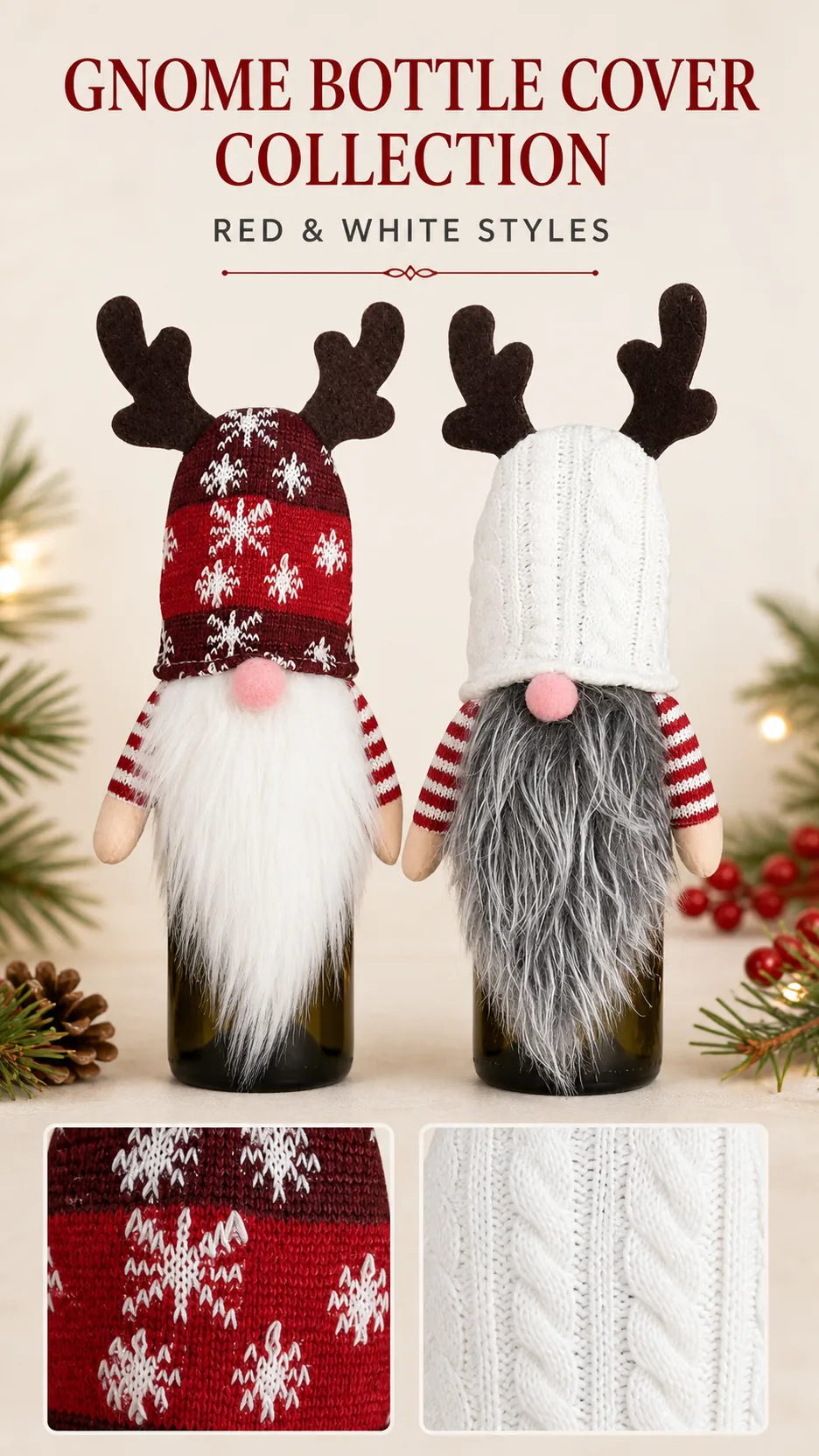 Christmas Gnome Wine Bottle Cover Reindeer Antler Knit Hat Table Decoration product detail 1