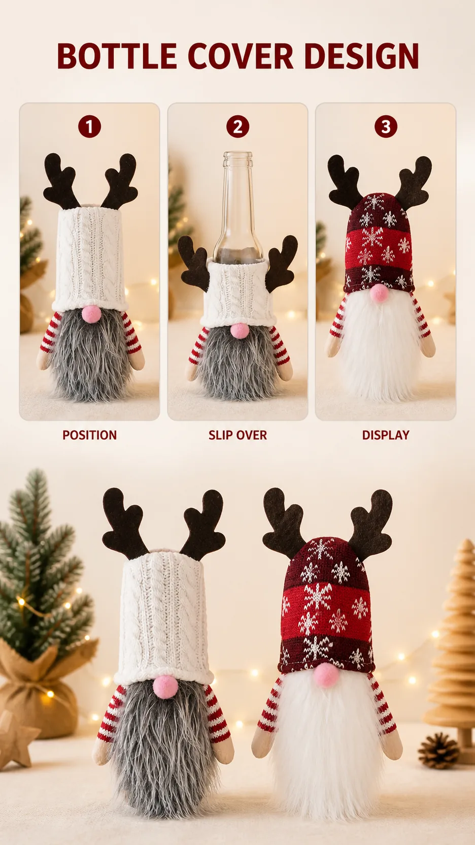 Christmas Gnome Wine Bottle Cover Reindeer Antler Knit Hat Table Decoration product detail 5