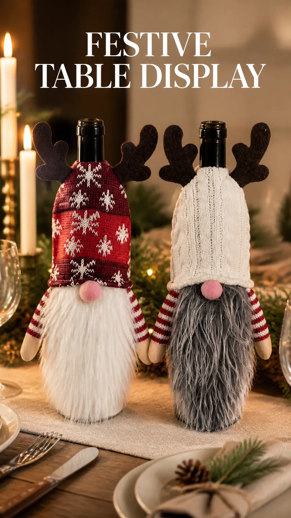 Christmas Gnome Wine Bottle Cover Reindeer Antler Knit Hat Table Decoration product detail 6