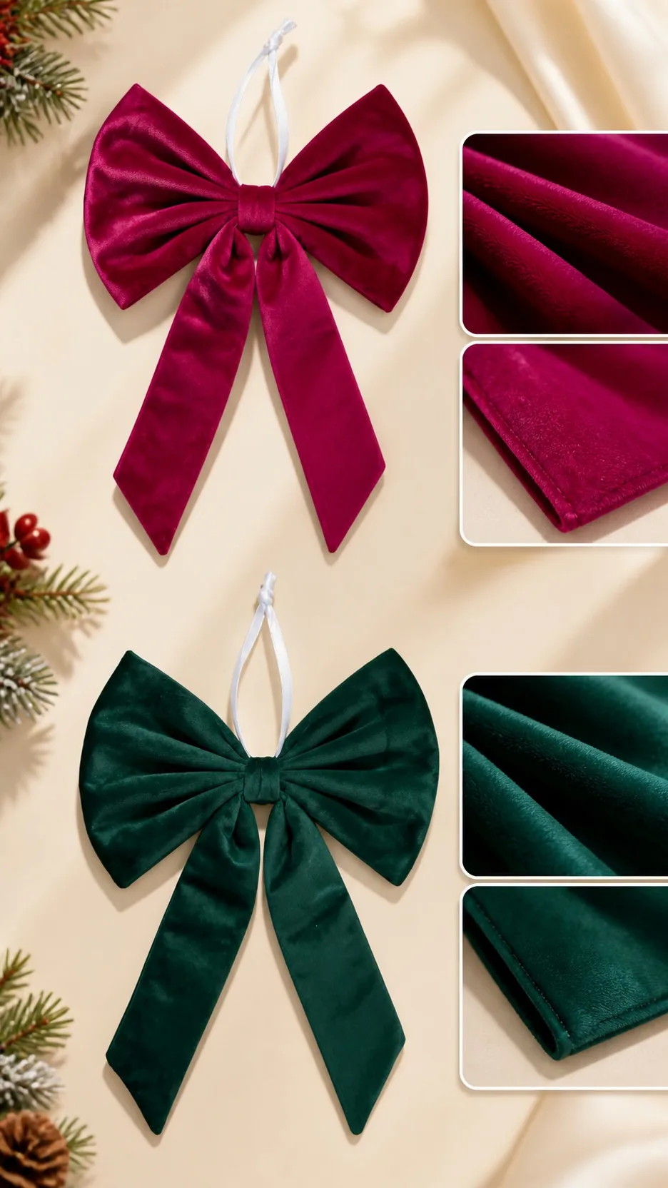 Luxury Velvet Christmas Bow Ornament Hanging Decoration for Tree Wreath Door product detail 4
