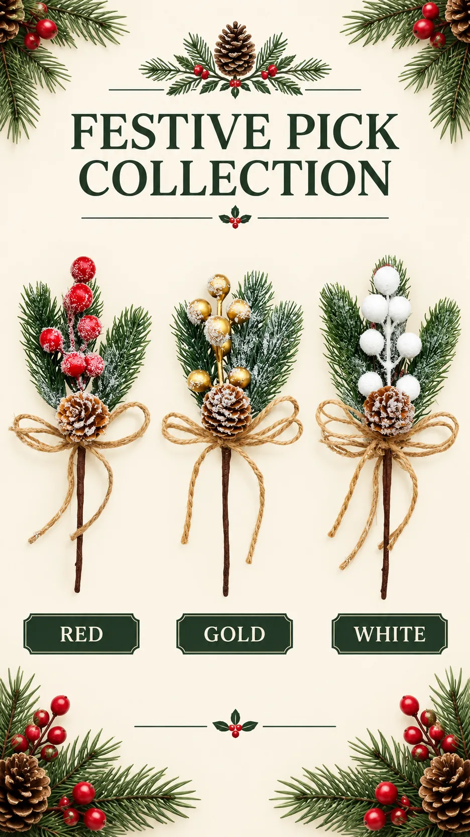 Artificial Pine Needle, Pine Leaf and Red Berry Christmas Floral Picks product detail 1
