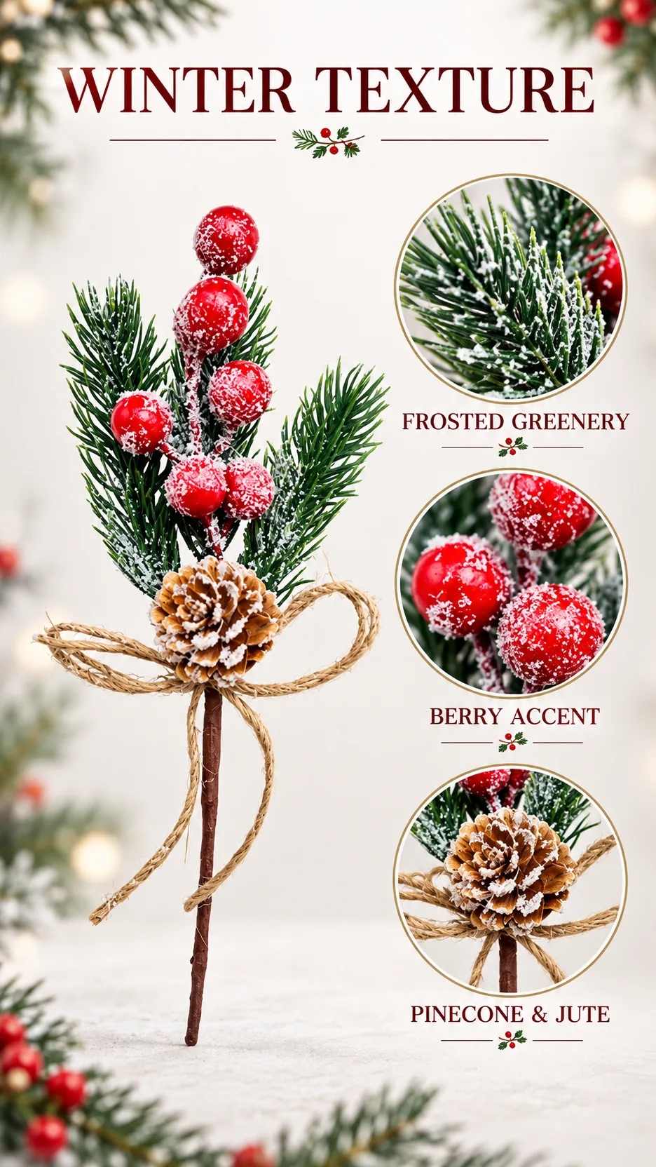 Artificial Pine Needle, Pine Leaf and Red Berry Christmas Floral Picks product detail 2