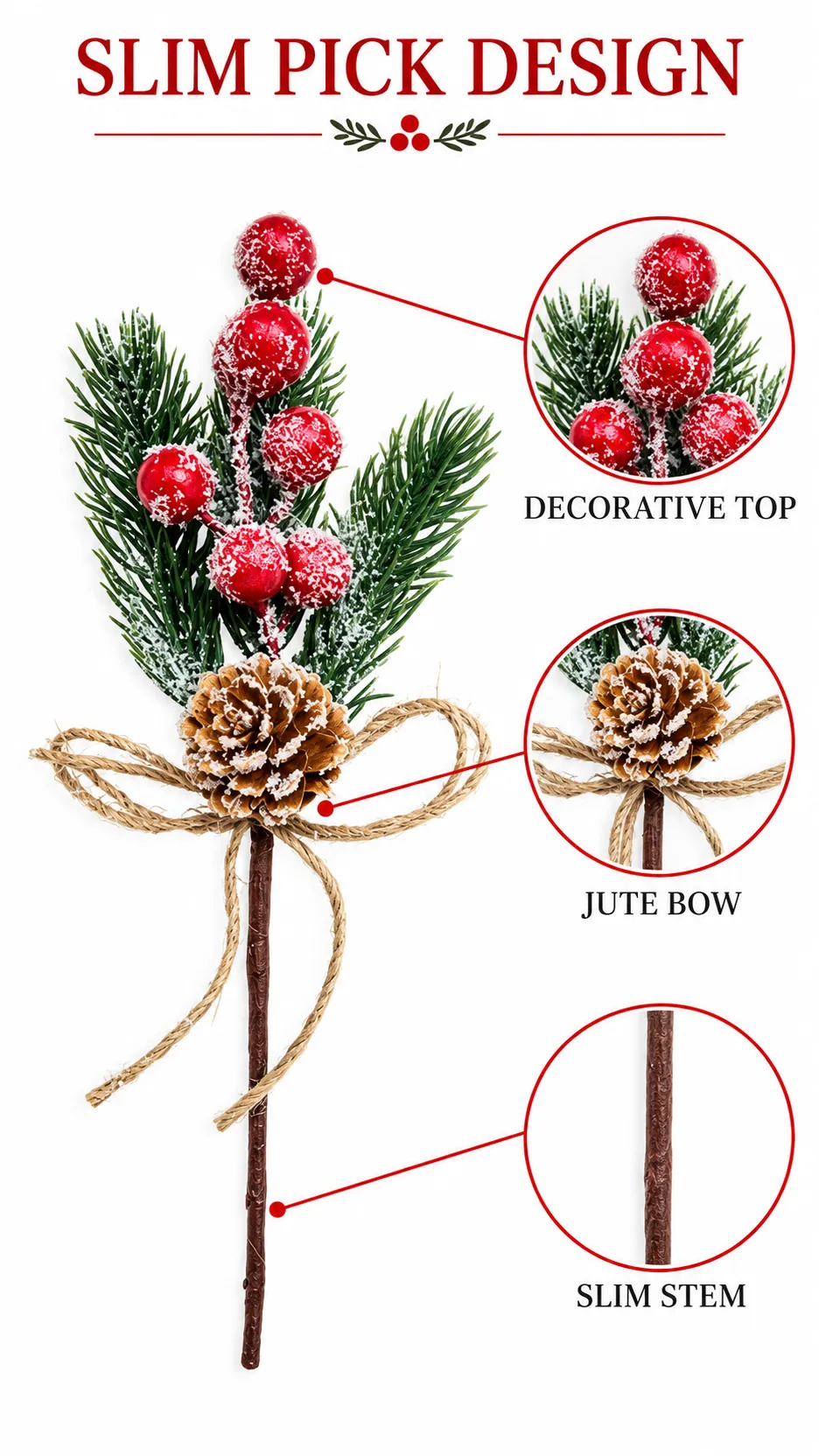 Artificial Pine Needle, Pine Leaf and Red Berry Christmas Floral Picks product detail 3
