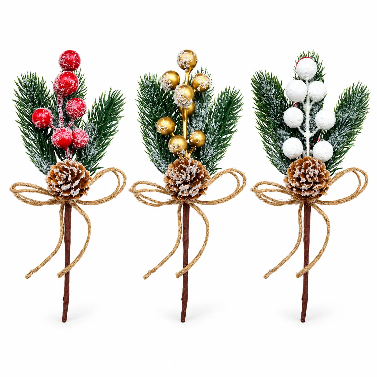 Artificial Pine Needle, Pine Leaf and Red Berry Christmas Floral Picks
