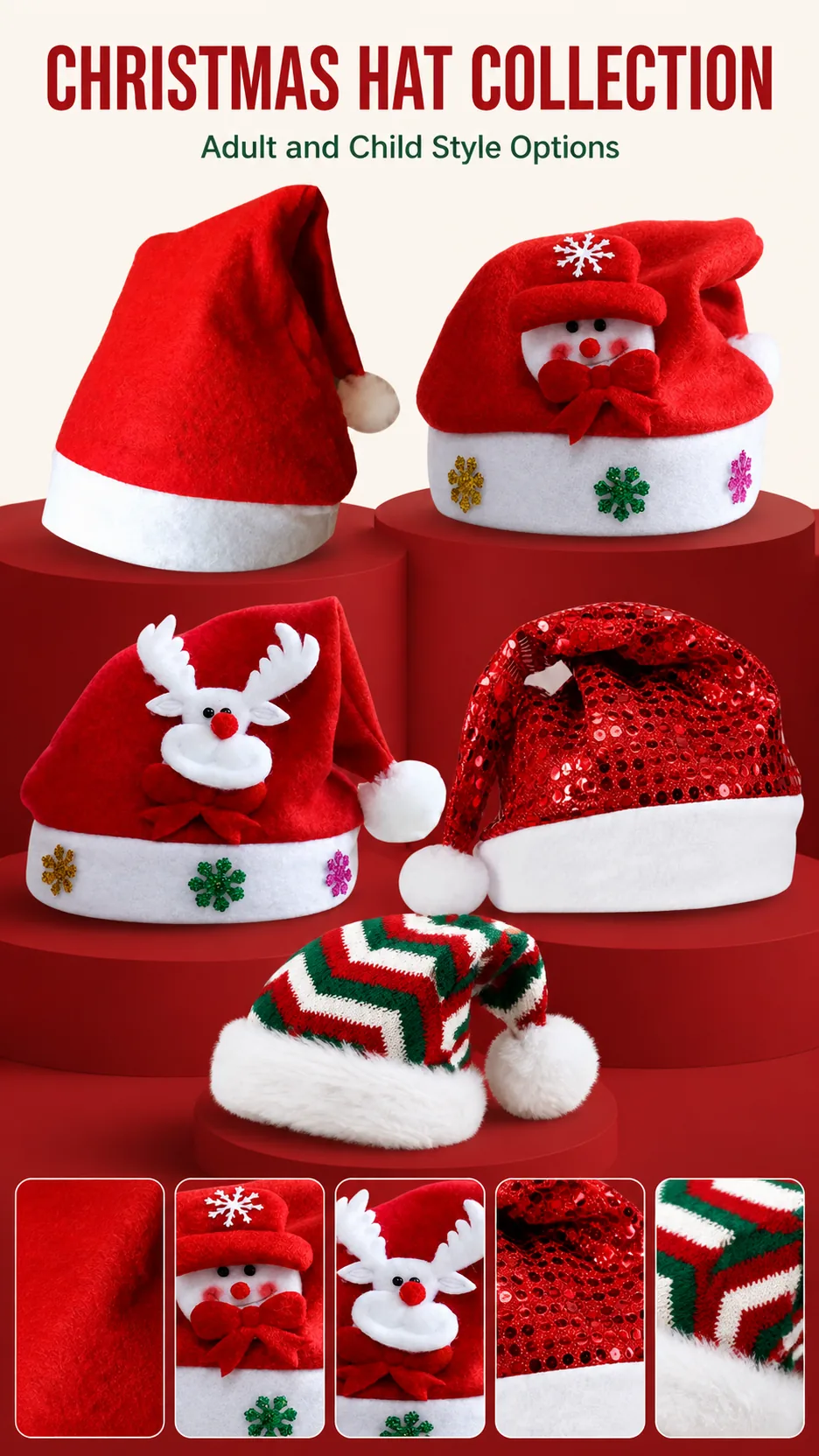 Wholesale Christmas Santa Hats Adult and Kids Plush Reindeer Snowman Sequin Knitted Holiday Party Caps product detail 1