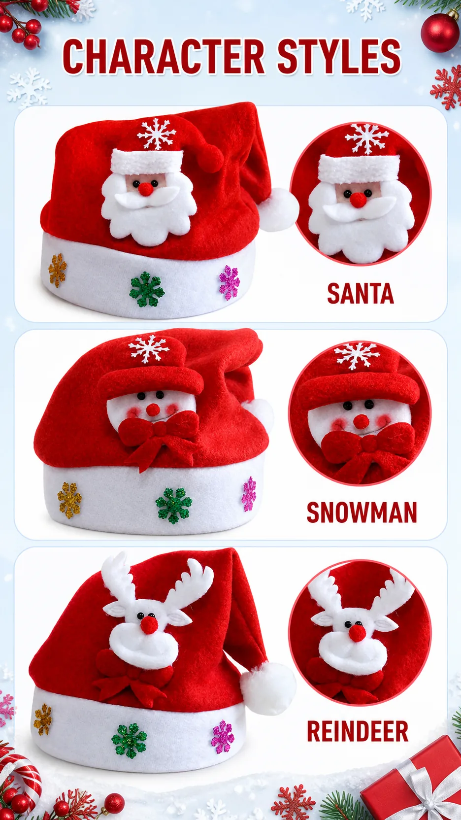 Wholesale Christmas Santa Hats Adult and Kids Plush Reindeer Snowman Sequin Knitted Holiday Party Caps product detail 4