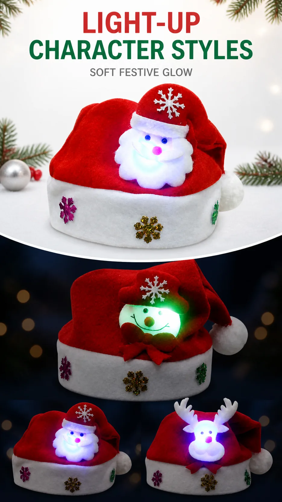 Wholesale Christmas Santa Hats Adult and Kids Plush Reindeer Snowman Sequin Knitted Holiday Party Caps product detail 5