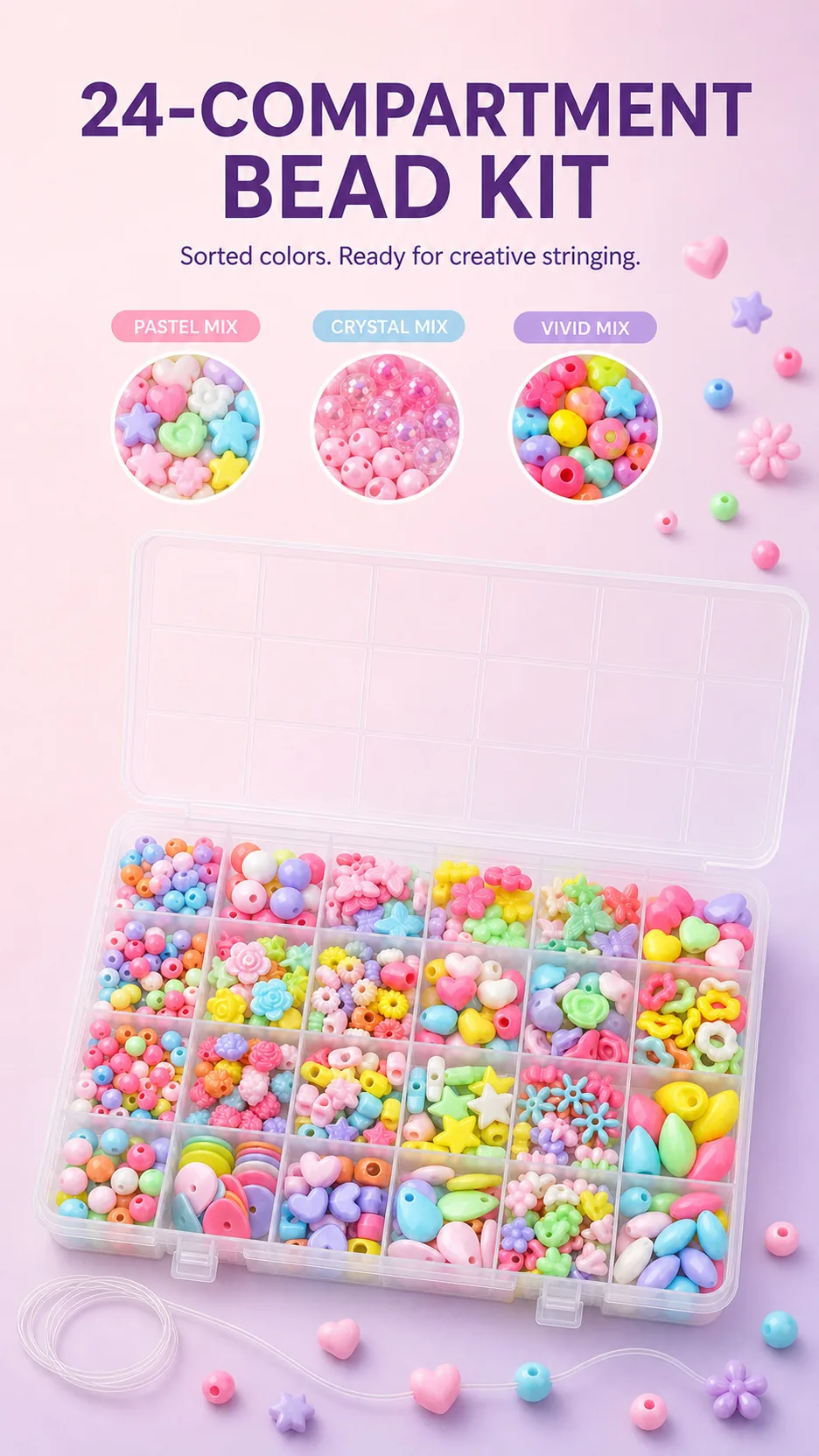 24-Compartment Kids DIY Bead Kit Assorted Shapes Plastic Beads for Bracelet Making product detail 1