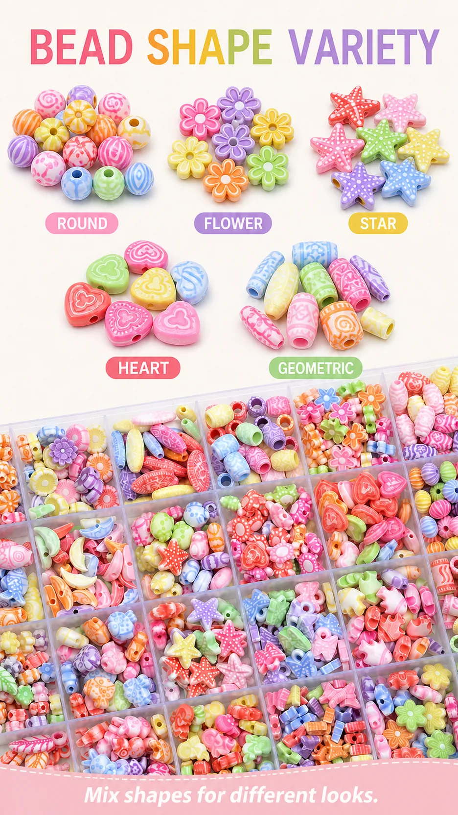24-Compartment Kids DIY Bead Kit Assorted Shapes Plastic Beads for Bracelet Making product detail 3