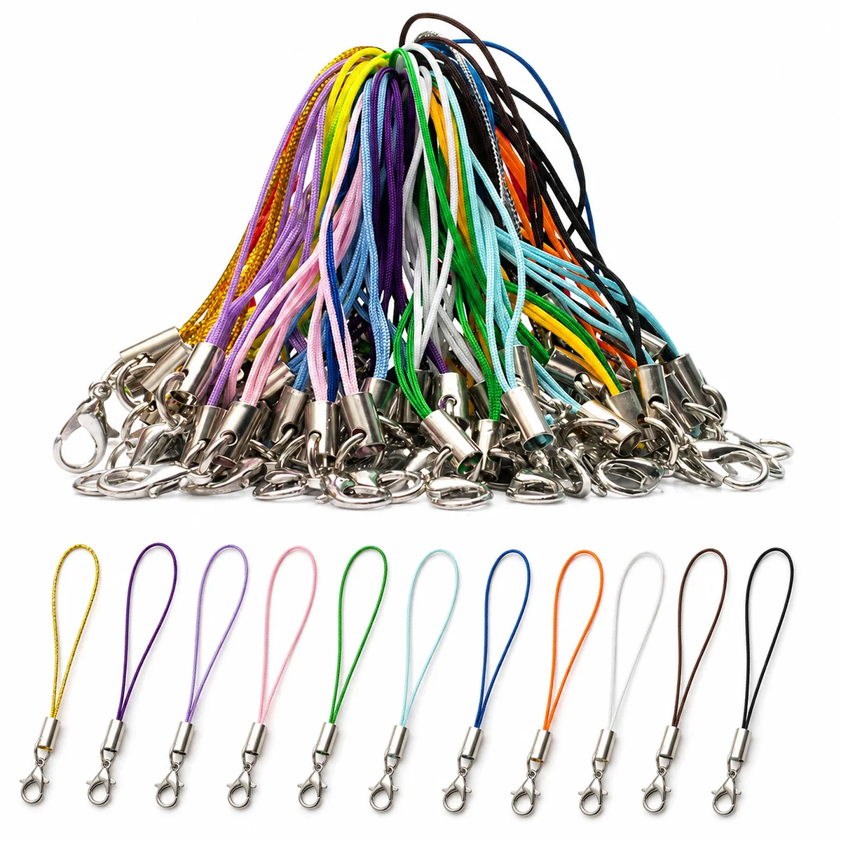 100pcs Wholesale DIY Braided Polyester Phone Lanyard Cord with Lobster Clasp and Metal End Cap