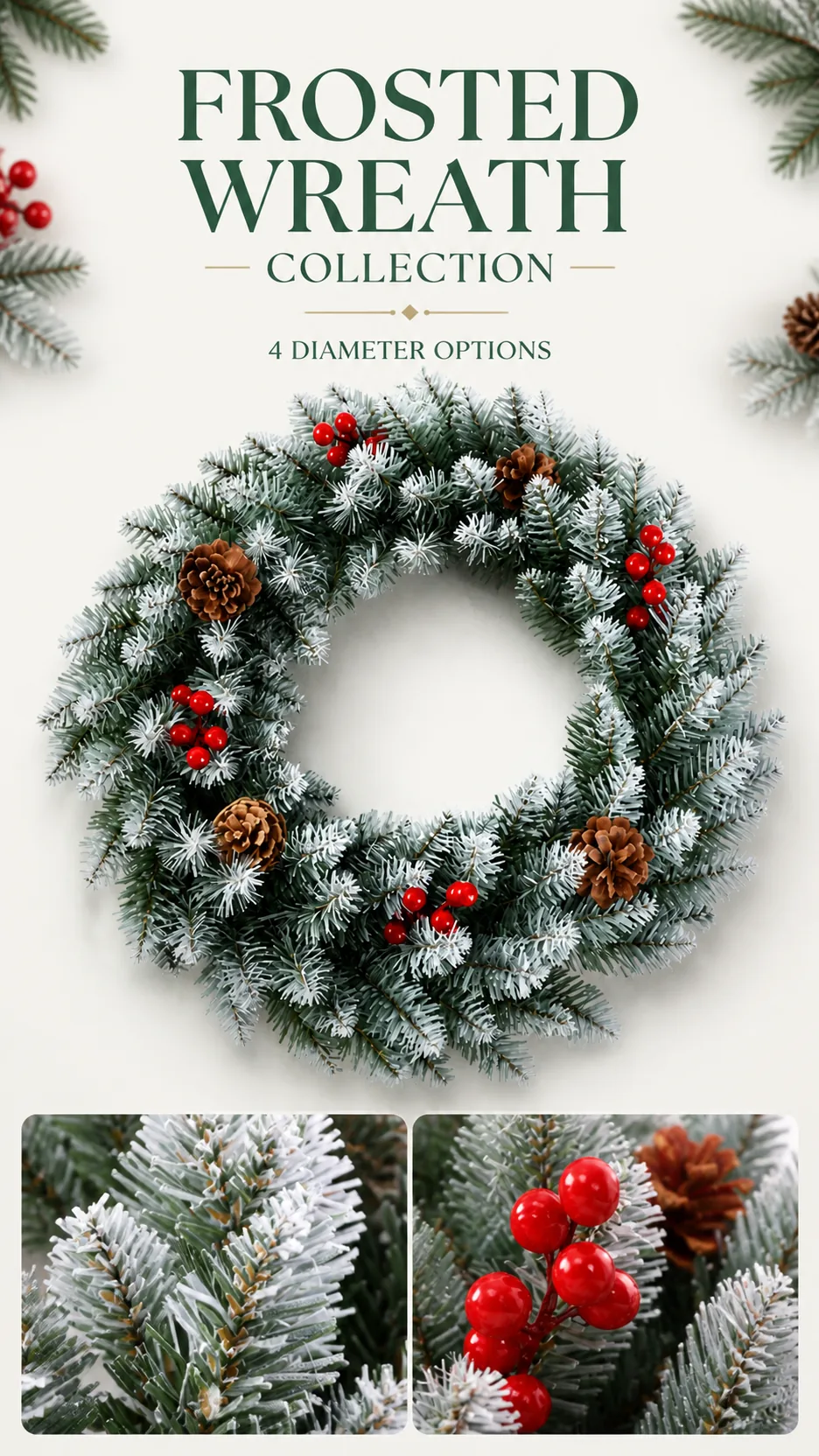 Frosted Artificial Christmas Wreath with Pinecones and Red Berries for Door and Window Decoration product detail 1