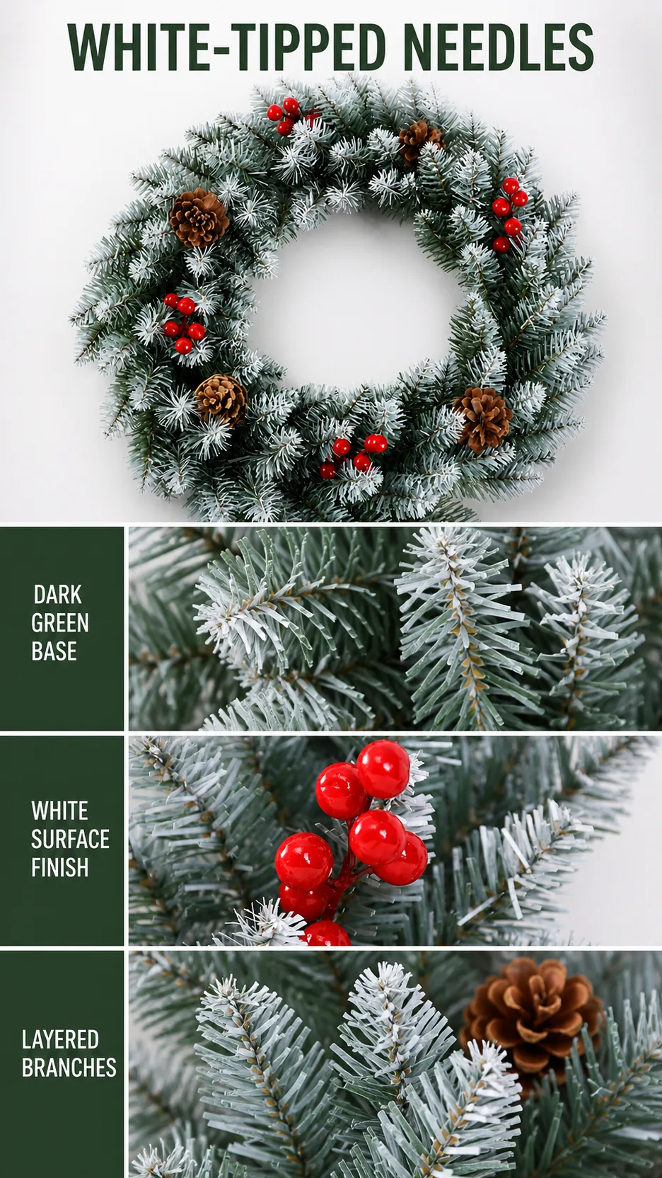 Frosted Artificial Christmas Wreath with Pinecones and Red Berries for Door and Window Decoration product detail 2