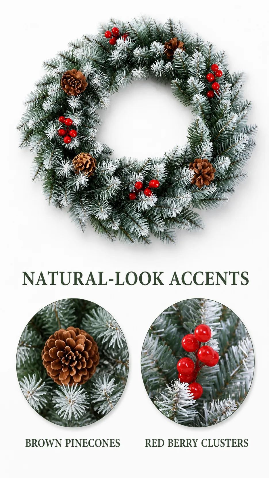 Frosted Artificial Christmas Wreath with Pinecones and Red Berries for Door and Window Decoration product detail 3