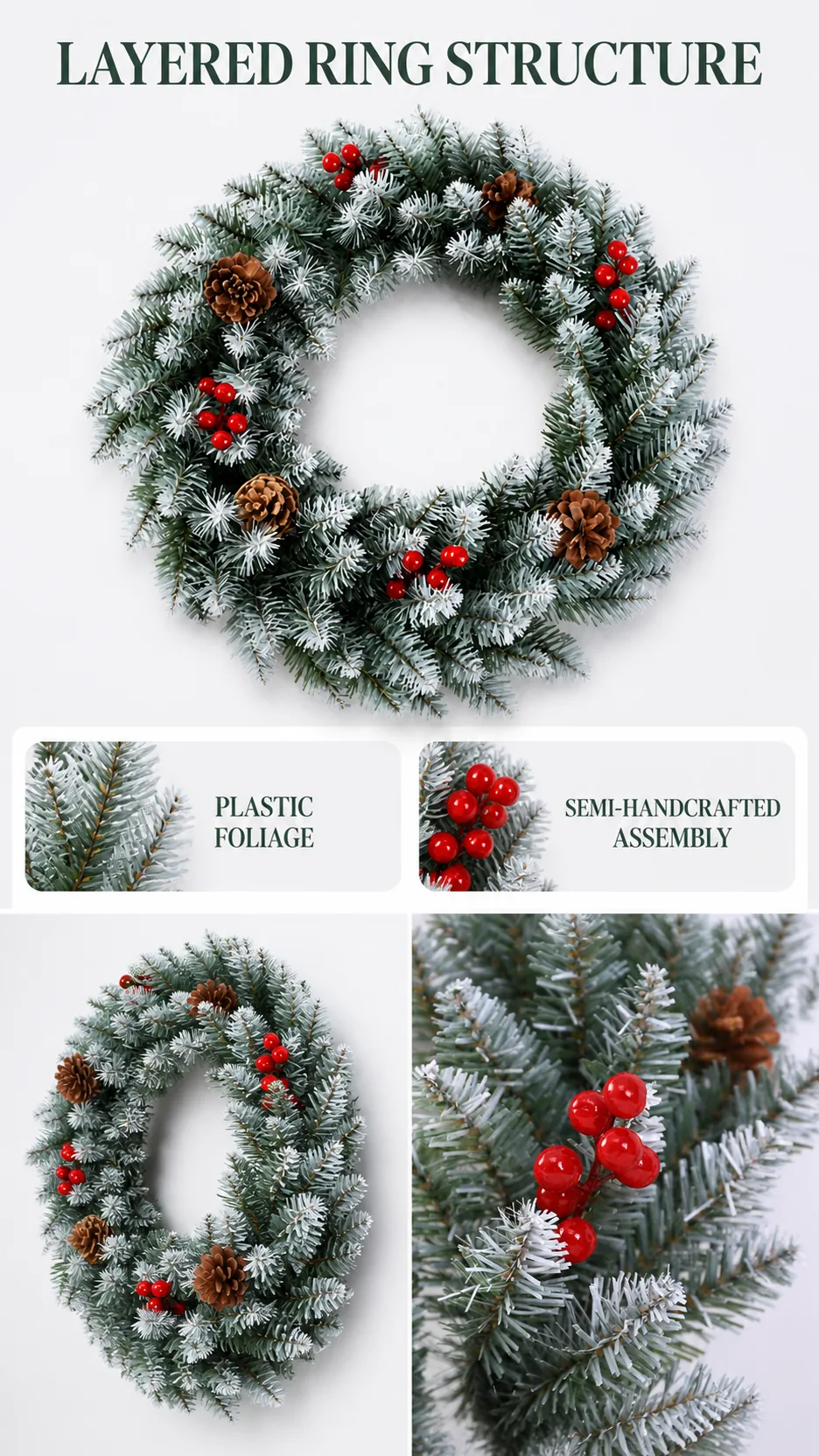 Frosted Artificial Christmas Wreath with Pinecones and Red Berries for Door and Window Decoration product detail 4