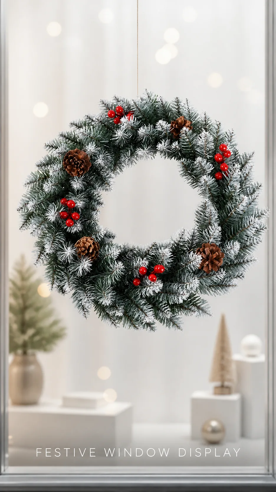 Frosted Artificial Christmas Wreath with Pinecones and Red Berries for Door and Window Decoration product detail 7