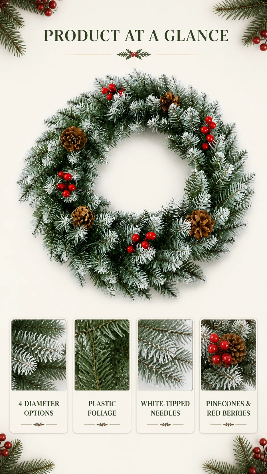 Frosted Artificial Christmas Wreath with Pinecones and Red Berries for Door and Window Decoration product detail 8