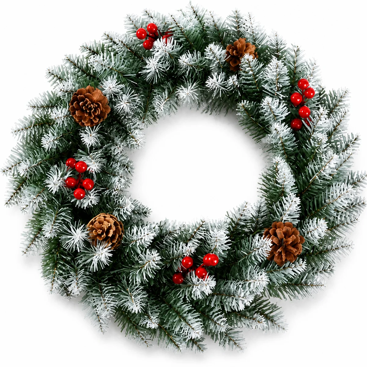 Frosted Artificial Christmas Wreath with Pinecones and Red Berries for Door and Window Decoration